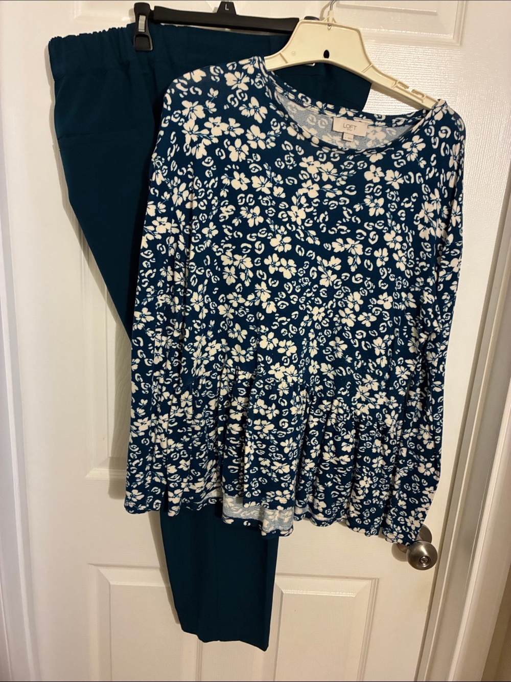 LOFT Navy & White Floral Peplum Top with Teal Pants